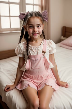 Close-up shot of a beautiful girl sitting on her bed, looking directly at the viewer with an open mouth and big brown eyes. Her long brown hair is styled in twin braids with hair rings, and she wears a striped shirt with puffy short sleeves. A bow adorns her hair ornament, and her skirt has frills. She's wearing thighhighs, pink panties with a matching bow, and no shoes. The backlighting highlights the texture of her soft brown hair. The background is blurred, with only the window frame visible behind her, as she sits confidently with an arm support. The image is rendered in stunning 8K HDR, showcasing every detail like a Masterpiece.