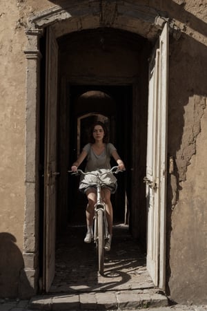 (masterpiece portrayal of movie characters in intimate action), A 15-year-old girl confidently riding vintage bicycle along a sun-dappled, cobblestone street in an old European town, proud gaze looking straight ahead, well-fitted leather backpack slung casually over her shoulder, old buildings, stone path, sundrenched, vintage bicycle, 15 years of age, peeling paint walls, old wooden door frames, cobblestone detail, sepia tone, elegant play of light and shadow, Rome.