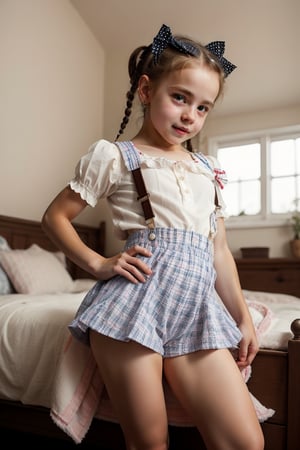 1girl, solo, skirt, brown hair, shirt, bow, twintails, underwear, standing, panties, white shirt, short sleeves, hair bow, thighs, hairband, socks, indoors, white panties, plaid, blurry background, feet out of frame, suspenders, polka dot, kneepits, facing away, polka dot panties, Beautiful face, 8K, HDR, Masterpiece, Hyperrealistic.