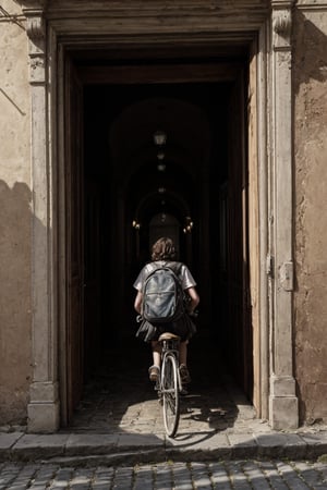 (masterpiece portrayal of movie characters in intimate action), A 15-year-old girl confidently riding vintage bicycle along a sun-dappled, cobblestone street in an old European town, proud gaze looking straight ahead, well-fitted leather backpack slung casually over her shoulder, old buildings, stone path, sundrenched, vintage bicycle, 15 years of age, peeling paint walls, old wooden door frames, cobblestone detail, sepia tone, elegant play of light and shadow, Rome.