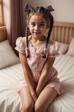 Close-up shot of a beautiful girl sitting on her bed, looking directly at the viewer with an open mouth and big brown eyes. Her long brown hair is styled in twin braids with hair rings, and she wears a striped shirt with puffy short sleeves. A bow adorns her hair ornament, and her skirt has frills. She's wearing thighhighs, pink panties with a matching bow, and no shoes. The backlighting highlights the texture of her soft brown hair. The background is blurred, with only the window frame visible behind her, as she sits confidently with an arm support. The image is rendered in stunning 8K HDR, showcasing every detail like a Masterpiece.