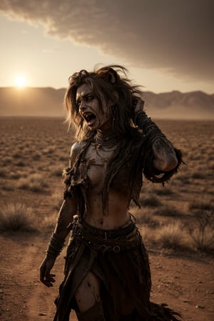 lion rotten zombie, screaming with rage, (wondering through desert wastelands), sprinting, torn flesh, tattered clothes, fantasy magic, undercut hairstyle, dark light night, intricate, elegant, sharp focus, illustration, highly detailed, digital painting, concept art, matte, art by wlop and artgerm and greg rutkowski and alphonse mucha, masterpiece, monster