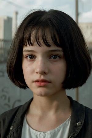 A close-up shot of Matilda, played by Natalie Portman, with a determined look on her face. She's 12 years old, but her eyes convey a maturity and intensity that belies her age. The lighting is dim, with a hint of neon from the city outside, casting an eerie glow over the scene. In the background, the urban landscape serves as a reminder of the harsh realities she's faced.

Matilda stands in front of a graffiti-covered wall, her hands clenched into fists at her sides. Her eyes are fixed intently on something - possibly a target, or maybe just the memory of her family. The camera lingers on her face, capturing the depth of emotion and motivation driving her actions.

In the foreground, a faint outline of Léon, played by Jean Reno, can be seen in the shadows, watching over Matilda with an air of quiet protection. The composition is stark and minimalist, emphasizing the themes of isolation, revenge, and growing up.