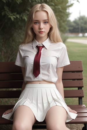 glamour photography of a seductive very young high_school_girl blonde_hair wearing a white schoolgirl blouse withneck tie, white underwear, sat on a bench outside, thin body, thin thighs, thin legs, soft diffused lighting,eye level, Lumix GH5, desaturated grunge filter ,AIDA_LoRA_HanF, pleated school skirt, (red_school_skirt) legs bent at the knee