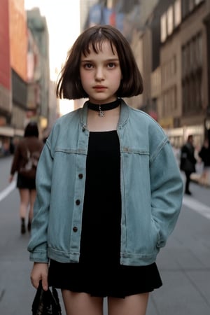 A stunning, hyper-realistic depiction of 11-year-old Matilda, played by Natalie Portman, standing confidently in a full-body shot against the vibrant backdrop of New York City. Her porcelain doll-like face glows with an ethereal light, as if bathed in HDR radiance. Matilda's slender figure and toned physique are showcased in exquisite detail, capturing the essence of her youthful energy and beauty.