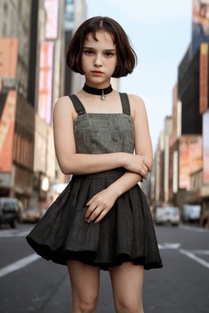 Natalie Portman as an 11-year-old Matilda, posing confidently in a full-body shot against a vibrant New York City background. Her porcelain doll-like face glows with a subtle HDR sheen, showcasing her striking features. The hyperrealistic portrait captures every detail of her youthful physique, from the toned arms to the athletic legs. In this masterpiece, Matilda exudes a sense of empowerment and sass, as if ready to take on the Big Apple.