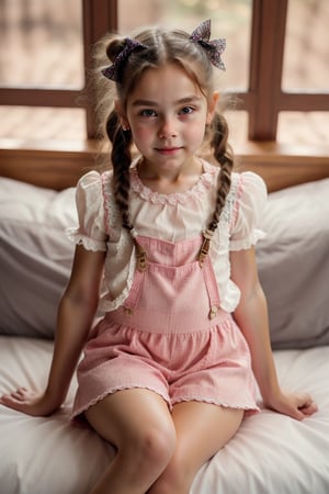 Close-up shot of a beautiful girl sitting on her bed, looking directly at the viewer with an open mouth and big brown eyes. Her long brown hair is styled in twin braids with hair rings, and she wears a striped shirt with puffy short sleeves. A bow adorns her hair ornament, and her skirt has frills. She's wearing thighhighs, pink panties with a matching bow, and no shoes. The backlighting highlights the texture of her soft brown hair. The background is blurred, with only the window frame visible behind her, as she sits confidently with an arm support. The image is rendered in stunning 8K HDR, showcasing every detail like a Masterpiece.