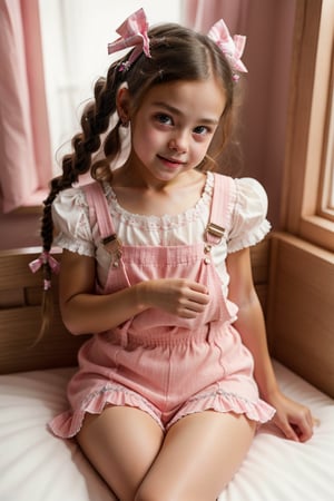 Close-up shot of a beautiful girl sitting on her bed, looking directly at the viewer with an open mouth and big brown eyes. Her long brown hair is styled in twin braids with hair rings, and she wears a striped shirt with puffy short sleeves. A bow adorns her hair ornament, and her skirt has frills. She's wearing thighhighs, pink panties with a matching bow, and no shoes. The backlighting highlights the texture of her soft brown hair. The background is blurred, with only the window frame visible behind her, as she sits confidently with an arm support. The image is rendered in stunning 8K HDR, showcasing every detail like a Masterpiece.