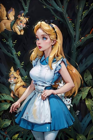 (masterpiece, best quality,high detailed), blonde girl,virgin killer outfit, high-waist skirt, standing, pantyhose, ,cartoon,AliceWonderlandWaifu, Slim jawline, clear features, red lips, shining eyes, Rabbits around, in the forest, in the park,