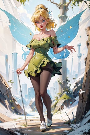 (masterpiece, best quality,high detailed), blonde girl,virgin killer outfit, high-waist skirt, standing, pantyhose, ,cartoon,Jasmine, lim jawline, clear facial features, red lips, (shining eyes),
Dark forest, 1 girl, fairy, fantasy, yellow hair, blue eyes, brown hair, off-shoulder dress, mini dress, green dress, leaf dress, green shoes, fairy wings,