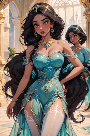 (masterpiece, best quality,high detailed), blonde girl,virgin killer outfit, high-waist skirt, standing, pantyhose, ,cartoon,Jasmine, Slim jawline, clear features, red lips, shining eyes,
Slim waist, narrow waist, wide hips, thick thighs, gray hair, long hair, dark skin, black eyes, dark eyebrows, blush, gold earrings, gold necklace, turquoise dress, (gold decoration)