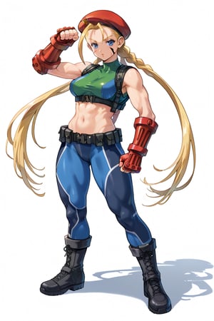 A Cammy from street fighter,stand full length wide, quality, perfect shadows, hd, beautiful face, detailed, white background