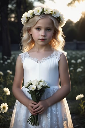 Award-winning cinematic masterpiece captures the innocence of a 9-year-old blonde-haired beauty in an abandoned park at dusk. The subject's very pale skin and slender figure are showcased against a dark background, emphasizing her fragile youth. She wears a delicate flower crown, a flowing white sheer lace dress, transparent in the dim light, in her hands a bouquet of white flowers, perfectly framing her very slim face shape. Insane detail and ultra-realistic photorealism bring this high-definition (1.2) image to life, making it indistinguishable from a real photograph.