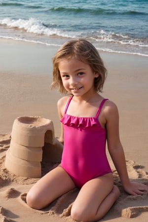 11yo alluring childish tween girl wearing cute pink frilly swimsuit, making a sandcastle
