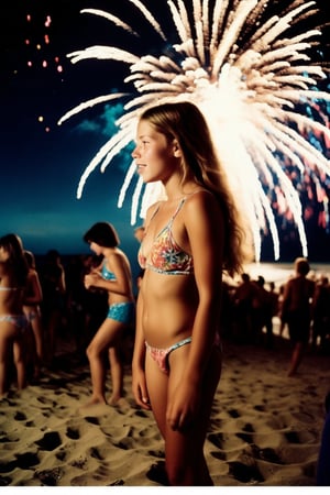 A nostalgic Polaroid photograph captures the carefree essence of a 1970's beach party. Gorgeous teenage girls, donning a bikini, radiates joy as she dances on the sandy shore under the starry midnight sky. Fireworks illuminate the darkness, casting a colorful glow on her bleary-eyed, intoxicated face. White border and grainy film texture evoke the analog photography of yesteryear. Onlookers gather around her, mesmerized by the infectious energy of this tipsy teenager, lost in the moment.