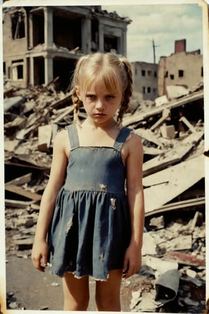 A vintage Polaroid snapshot captures a poignant moment. A young girl, her blonde pigtails framing her heartbroken expression, stands amidst the devastation of war-torn streets. The 50mm lens, reminiscent of Kodakchrome's iconic aesthetic, presents a desaturated scene with grainy texture. The ruined buildings and cars in the background tell the story of destruction, while the girl's tattered dress and somber gaze convey her sorrow.