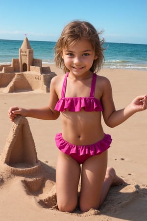 11yo alluring childish tween girl wearing cute pink frilly swimsuit, making a sandcastle
