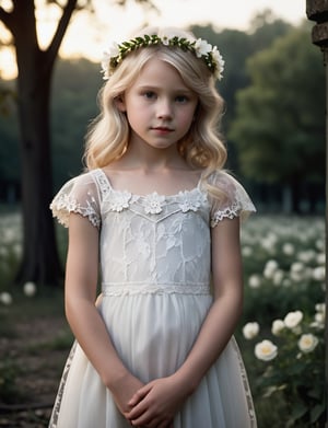 Award-winning cinematic masterpiece captures the innocence of a 9-year-old blonde-haired beauty in an abandoned park at dusk. The subject's very pale skin and slender figure are showcased against a dark background, emphasizing her fragile youth. She wears a delicate flower crown, a flowing white sheer lace dress, in her hands a bouquet of white flowers, perfectly framing her very slim face shape. Insane detail and ultra-realistic photorealism bring this high-definition (1.2) image to life, making it indistinguishable from a real photograph.