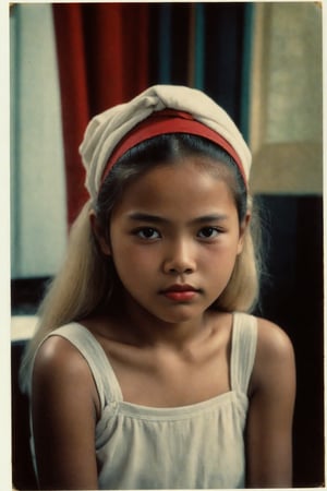 A vintage Polaroid photograph captures a young(11yo) Filipino girl's weary expression. Grainy film texture and white border evoke nostalgia. Flash photography illuminates her dyed blonde hair, striking features, and bold red lipstick. She sits patiently on a worn massage table in a dimly lit, seedy parlour. Her gaze meets the camera, a tired smile subtly spreading across her face. A loose white towel barely conceals her body as she awaits her next customer. Kodakchrome's desaturated palette adds to the photograph's analog charm.