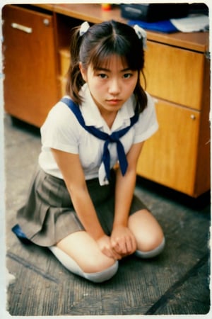 Nostalgic Polaroid snapshot of a 12 year old Japnese girl, medium length light brown hair in a loose ponytail,  kneeling on the floor of a bland school teacher's office. The camera captures her vulnerability as she kneels in a skimpy bra and school skirt, surrounded by the sterile atmosphere of the office. The grainy film texture and white border add to the intimate, candid feel of the moment. Taken from above, she looks up nervously at the camera, ready to do whatever the photographer asks of her