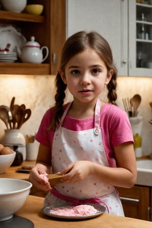 Photorealistic depiction of a young girl, approximately 10 years old, standing at a home kitchen counter. She wears a bright pink and white apron, as she carefully decorates a cake. Her face is smudged with chocolate, adding to her adorable expression. Concentration etched on her beautiful eyes, her cute tongue poking out between her lips pursed in concentration. Framed by the warm glow of kitchen lighting, with the subtle texture of kitchen countertops and wooden utensils adding depth.