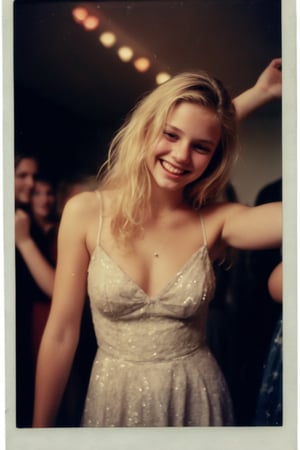 A nostalgic Polaroid photograph captures a candid moment of a beautiful blonde teenage girl, her prom dress shimmering under the soft, grainy film texture. The white border surrounds the image like a warm embrace. In the dimly lit loungeroom, she's dancing with reckless abandon, her bleary eyes and intoxication evident in her sloppy grin. Onlookers gather around, mesmerized by her carefree joy, as the clock strikes midnight, marking a night that will be forever etched in their memories.