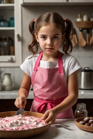 Photorealistic depiction of a young girl, approximately 10 years old, standing at a home kitchen counter. She wears a bright pink and white apron, as she carefully decorates a cake. Her face is smudged with chocolate, adding to her adorable expression. Concentration etched on her beautiful eyes, her cute tongue poking out between her lips pursed in concentration. Framed by the warm glow of kitchen lighting, with the subtle texture of kitchen countertops and wooden utensils adding depth.