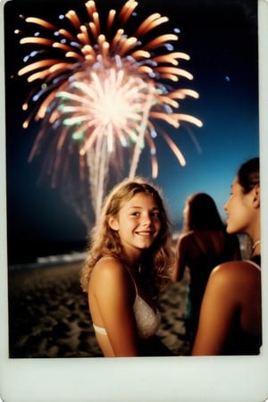 A nostalgic Polaroid photograph captures the carefree essence of a 1970's beach party. Gorgeous teenage girls, donning a bikini, radiates joy as she dances on the sandy shore under the starry midnight sky. Fireworks illuminate the darkness, casting a colorful glow on her bleary-eyed, intoxicated face. White border and grainy film texture evoke the analog photography of yesteryear. Onlookers gather around her, mesmerized by the infectious energy of this tipsy teenager, lost in the moment.