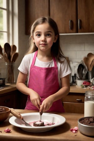 Photorealistic depiction of a young girl, approximately 10 years old, standing at a home kitchen counter. She wears a bright pink and white apron, as she carefully decorates a cake. Her face is smudged with chocolate, adding to her adorable expression. Concentration etched on her beautiful eyes, her cute tongue poking out between her lips pursed in concentration. Framed by the warm glow of kitchen lighting, with the subtle texture of kitchen countertops and wooden utensils adding depth.