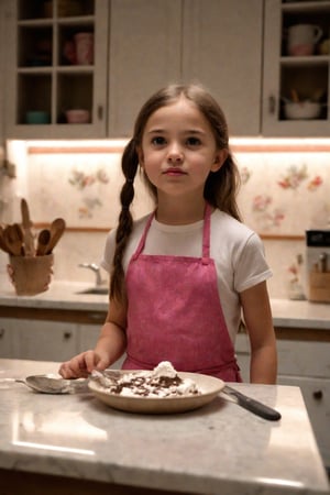 Photorealistic depiction of a young girl, approximately 10 years old, standing at a home kitchen counter. She wears a bright pink and white apron, as she carefully decorates a cake. Her face is smudged with chocolate, adding to her adorable expression. Concentration etched on her beautiful eyes, her cute tongue poking out between her lips pursed in concentration. Framed by the warm glow of kitchen lighting, with the subtle texture of kitchen countertops and wooden utensils adding depth.