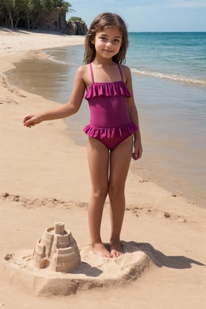 11yo alluring childish tween girl wearing cute pink frilly swimsuit, making a sandcastle
