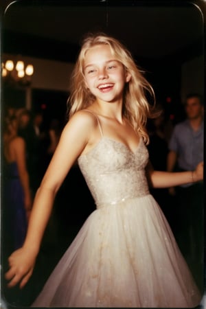 A nostalgic Polaroid photograph captures a candid moment of a beautiful blonde teenage girl, her prom dress shimmering under the soft, grainy film texture. The white border surrounds the image like a warm embrace. In the dimly lit loungeroom, she's dancing with reckless abandon, her bleary eyes and intoxication evident in her sloppy grin. Onlookers gather around, mesmerized by her carefree joy, as the clock strikes midnight, marking a night that will be forever etched in their memories.