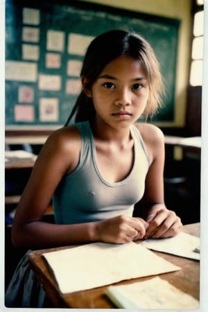 Nostalgic Polaroid snapshot of a 12 year old Cambodian girl, medium length light brown hair in a loose ponytail,  Posing in a school classroom, after class, empty classroom. The camera captures her vulnerability as she poses in a skimpy bra and school skirt, surrounded by the sterile atmosphere of the office. The grainy film texture and white border add to the intimate, candid feel of the moment. Taken from above, she looks up nervously at the camera, ready to do whatever the photographer asks of her