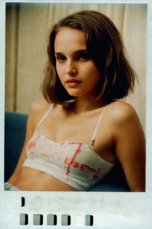 Nostalgic Polaroid snapshot of 12-year-old Natalie Portman, sporting a chic bob haircut, sitting on a sleekr office couch. The camera captures her vulnerability as she sits in her underwear, surrounded by the sterile atmosphere of the office. The grainy film texture and white border add to the intimate, candid feel of the moment.