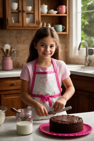 Photorealistic depiction of a young girl, approximately 10 years old, standing at a home kitchen counter. She wears a bright pink and white apron, as she carefully decorates a cake. Her face is smudged with chocolate, adding to her adorable expression. Concentration etched on her beautiful eyes, a radiant smile spreads across her face, highlighting her joy in the creative process. Framed by the warm glow of kitchen lighting, with the subtle texture of kitchen countertops and wooden utensils adding depth.