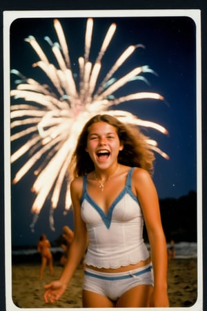 A nostalgic Polaroid photograph captures the carefree essence of a 1970's beach party. Gorgeous teenage girls, donning a bikini, radiates joy as she dances on the sandy shore under the starry midnight sky. Fireworks illuminate the darkness, casting a colorful glow on her bleary-eyed, intoxicated face. White border and grainy film texture evoke the analog photography of yesteryear. Onlookers gather around her, mesmerized by the infectious energy of this tipsy teenager, lost in the moment.