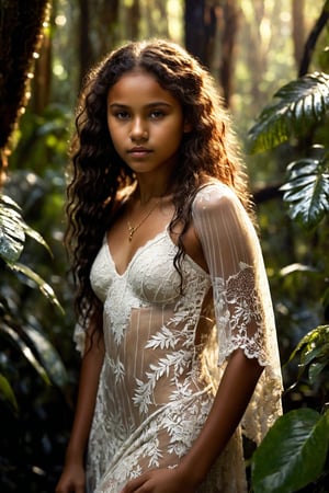 A breathtakingly realistic depiction of a stunning 13 year old Indigenous Australian-European fusion beauty posing amidst an Australian rainforest's lush foliage. Soft sunlight filters through towering trees, casting dappled shadows as crepuscular lighting bathes the scene in warm, golden hues. Her curly dark locks cascade down her back like nightfall itself, while her captivating dark eyes sparkle with a hint of mischief. Her flimsy intricately detailed white lace dress clings to her body, showing exactly what lies beneath, delicate and ethereal, as if kissed by the misty rain that veils her skin.