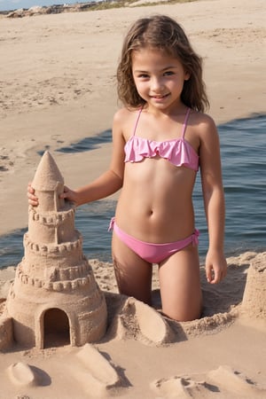 11yo alluring childish tween girl wearing cute pink frilly swimsuit, making a sandcastle
