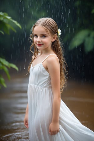 A masterpiece of a young girl(9yo), standing amidst a gently raining morning. Her long, light brown hair, dampened by the rain, cascades down her back like a golden waterfall. The wet strands cling to her face, where she wears a subtle, sweet smile. Her pouty lips are painted with vibrant red lipstick, adding a pop of color to her otherwise porcelain complexion.

She's dressed in a flowing white dress that clings to her body, showcasing her curves as the rain drizzles down, creating a mesmerizing dance of water and fabric. The flowers surrounding her add a touch of whimsy to the scene, as she poses with one hand on her hip and the other holding a bouquet, her eyes cast downward in a shy yet playful manner.
