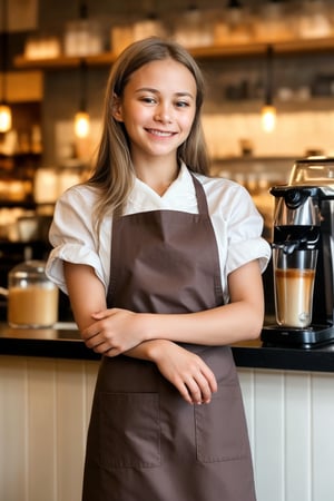 A weary yet radiant 13-year-old barista, caramel-toned skin glowing warmly under the soft lighting of the bustling café. She has luscious, straight chocolate hair with caramel highlights. Tired eyes, though, betray a hint of exhaustion as she expertly crafts coffee drinks. A bright, inviting smile illuminates her face, tempered by subtle lines of fatigue. She wears a crisp white apron, its simplicity belied by the warmth and energy she exudes, pouring her heart into every cup with an eager yet weary gaze.