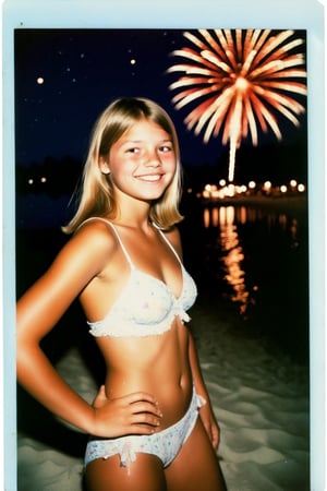 A nostalgic Polaroid photograph captures the carefree essence of a 1970's beach party. Gorgeous teenage girls, donning a bikini, radiates joy as she dances on the sandy shore under the starry midnight sky. Fireworks illuminate the darkness, casting a colorful glow on her bleary-eyed, intoxicated face. White border and grainy film texture evoke the analog photography of yesteryear. Onlookers gather around her, mesmerized by the infectious energy of this tipsy teenager, lost in the moment.