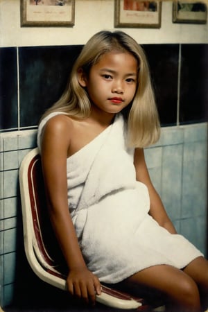 A vintage Polaroid photograph captures a young(11yo) Filipino girl's weary expression. Grainy film texture and white border evoke nostalgia. Flash photography illuminates her dyed blonde hair, striking features, and bold red lipstick. She sits patiently on a worn massage table in a dimly lit, seedy parlour. Her gaze meets the camera, a tired smile subtly spreading across her face. A loose white towel barely conceals her body as she awaits her next customer. Kodakchrome's desaturated palette adds to the photograph's analog charm.