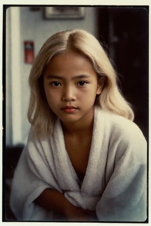 A vintage Polaroid photograph captures a young(11yo) Filipino girl's weary expression. Grainy film texture and white border evoke nostalgia. Flash photography illuminates her dyed blonde hair, striking features, and bold red lipstick. She sits patiently on a worn massage table in a dimly lit, seedy parlour. Her gaze meets the camera, a tired smile subtly spreading across her face. A loose white towel barely conceals her body as she awaits her next customer. Kodakchrome's desaturated palette adds to the photograph's analog charm.