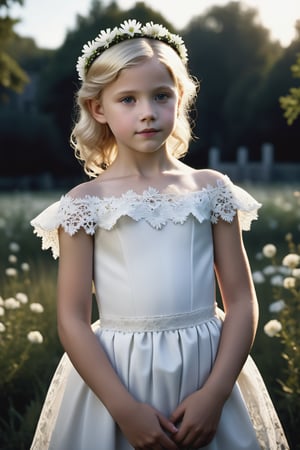 Award-winning cinematic masterpiece captures the innocence of a 9-year-old blonde-haired beauty in an abandoned park at dusk. The subject's very pale skin and slender figure are showcased against a dark background, emphasizing her fragile youth. She wears a delicate flower crown, a flowing white dress made of the most intricately patterned lace, transparent in the dim light, in her hands a bouquet of white flowers, perfectly framing her very slim face shape. Insane detail and ultra-realistic photorealism bring this high-definition (1.2) image to life, making it indistinguishable from a real photograph.