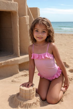 11yo alluring childish tween girl wearing cute pink frilly swimsuit, making a sandcastle
