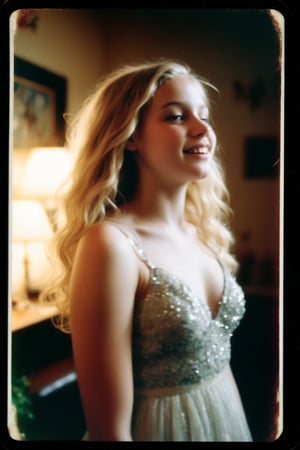 A nostalgic Polaroid photograph captures a candid moment of a beautiful blonde teenage girl, her prom dress shimmering under the soft, grainy film texture. The white border surrounds the image like a warm embrace. In the dimly lit loungeroom, she's dancing with reckless abandon, her bleary eyes and intoxication evident in her sloppy grin. Onlookers gather around, mesmerized by her carefree joy, as the clock strikes midnight, marking a night that will be forever etched in their memories.