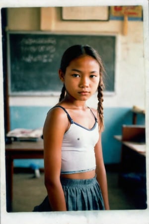 Nostalgic Polaroid snapshot of a 12 year old Cambodian girl, medium length light brown hair in a loose ponytail,  Posing in a school classroom, after class, empty classroom. The camera captures her vulnerability as she poses in a skimpy bra and school skirt, surrounded by the sterile atmosphere of the office. The grainy film texture and white border add to the intimate, candid feel of the moment. Taken from above, she looks up nervously at the camera, ready to do whatever the photographer asks of her