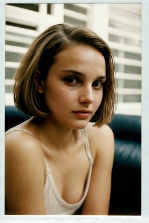 Nostalgic Polaroid snapshot of 12-year-old Natalie Portman, sporting a chic bob haircut, sitting on a sleekr office couch. The camera captures her vulnerability as she sits in her underwear, surrounded by the sterile atmosphere of the office. The grainy film texture and white border add to the intimate, candid feel of the moment.