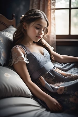 A young girl reclines on a soft white sheet, gazing up at the moody lighting that casts shadows across her serene face. Her long brown hair cascades down her back like a waterfall of night, while the peach-colored lace dress with floral pattern drapes elegantly around her. The camera's focus is trained on the subject, capturing the quiet introspection as she lies amidst the softness of the bed and the distant window's gentle glow.