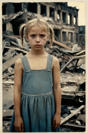 A vintage Polaroid snapshot captures a poignant moment. A young girl, her blonde pigtails framing her heartbroken expression, stands amidst the devastation of war-torn streets. The 50mm lens, reminiscent of Kodakchrome's iconic aesthetic, presents a desaturated scene with grainy texture. The ruined buildings and cars in the background tell the story of destruction, while the girl's tattered dress and somber gaze convey her sorrow.